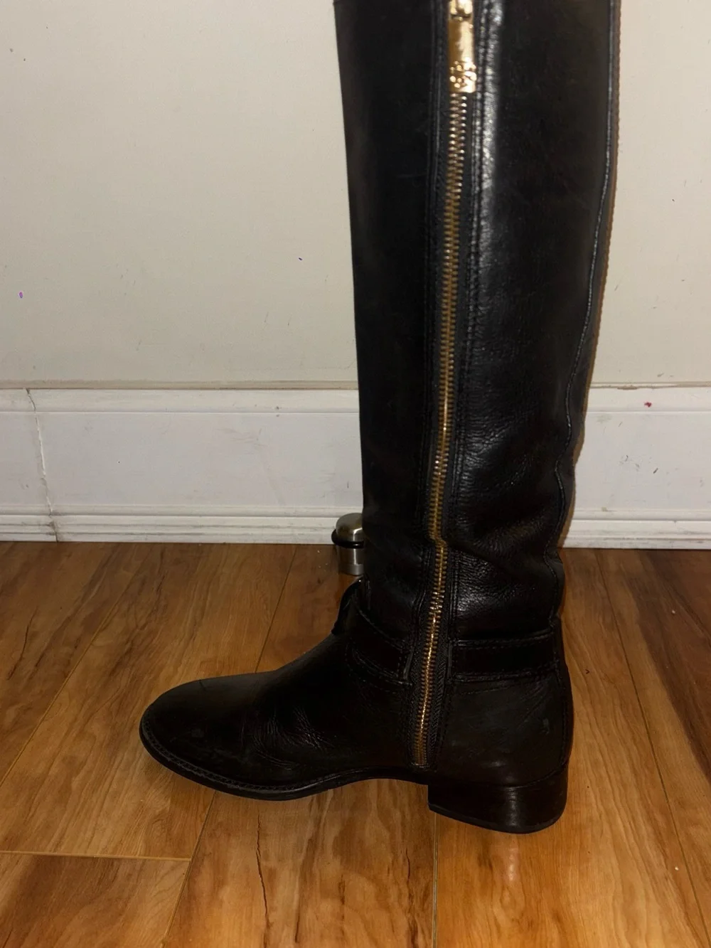 Tory Burch Black Leather Over-the-Knee Boots with Gold Logo Buckle